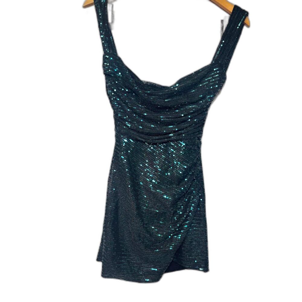 Lucy In The Sky Emerald Green Black Mini Dress Homecoming Dance Cowl Sequin sz S